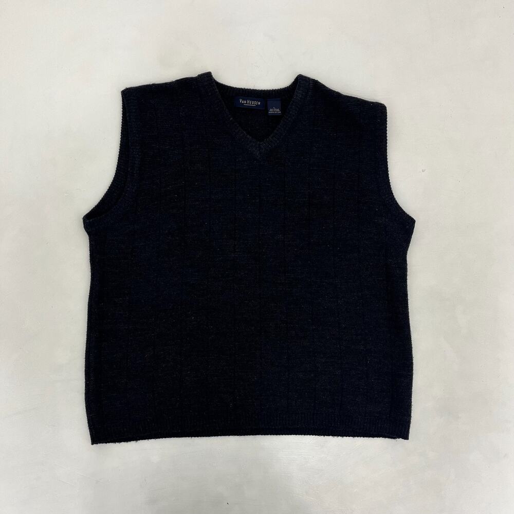 Van Heusen Mens L Pullover Knit Sweater Vest Black V-Neck Sleeveless‎ Outdoor
